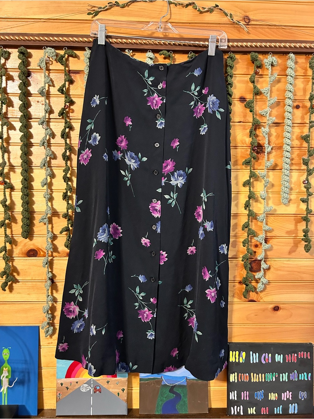 Vintage 100% Silk Black Midi Skirt with Purple & Blue Floral Print